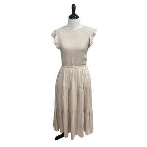 Zesica Women's S Small Peasant Midi Dress Smocked Cap Sleeves  Boho Beige